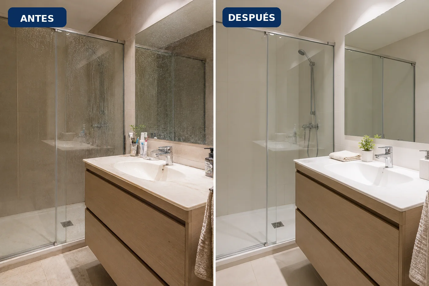 Comparación antes y después de la limpieza de un baño y una mampara