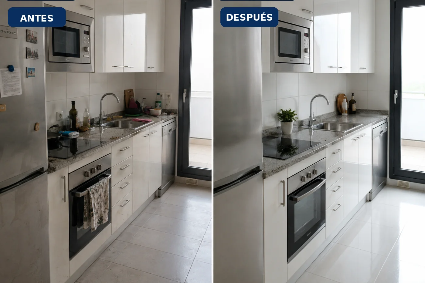 Comparación antes y después de la limpieza profunda de una cocina