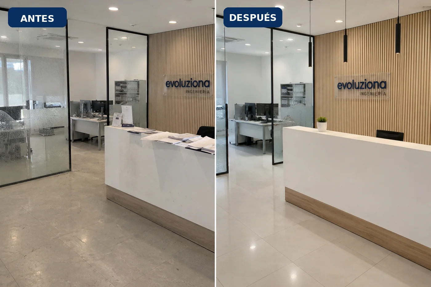 Comparación antes y después de la limpieza de una oficina